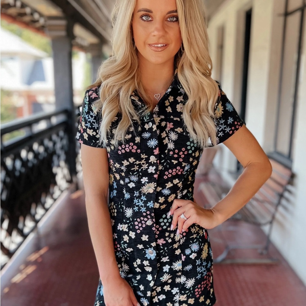 Black Floral Snap Button Down Mini Dress Small NWT